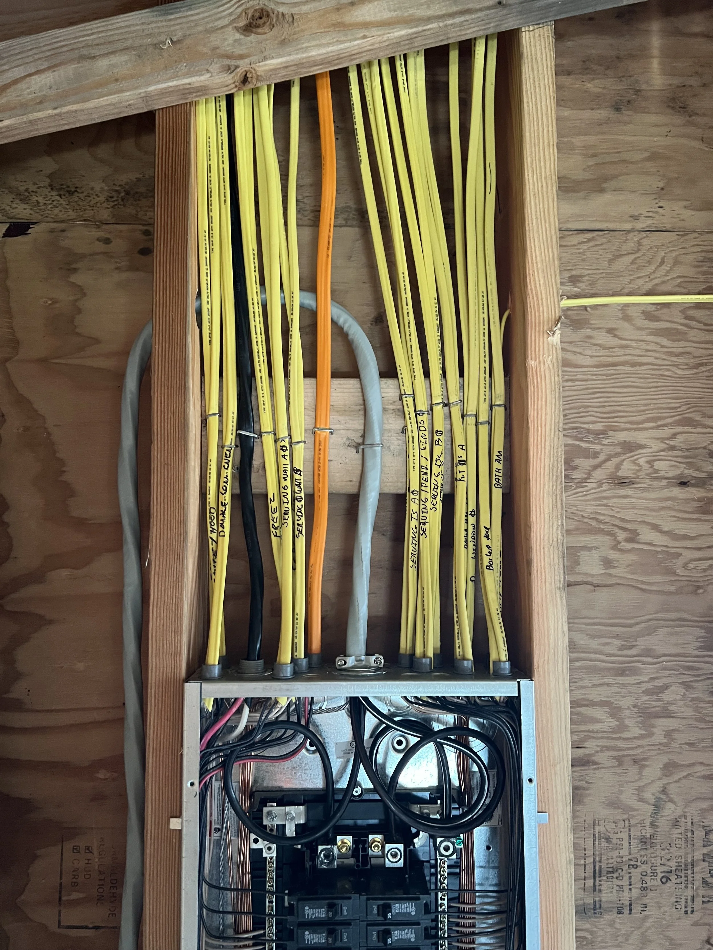 Electrical panel installation with organized circuit wiring.