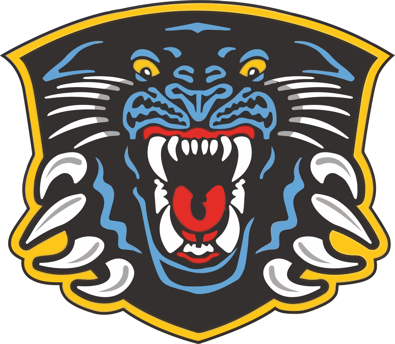Detroit Lions logo featuring a snarling black panther with blue and white details, red tongue, and a yellow border.