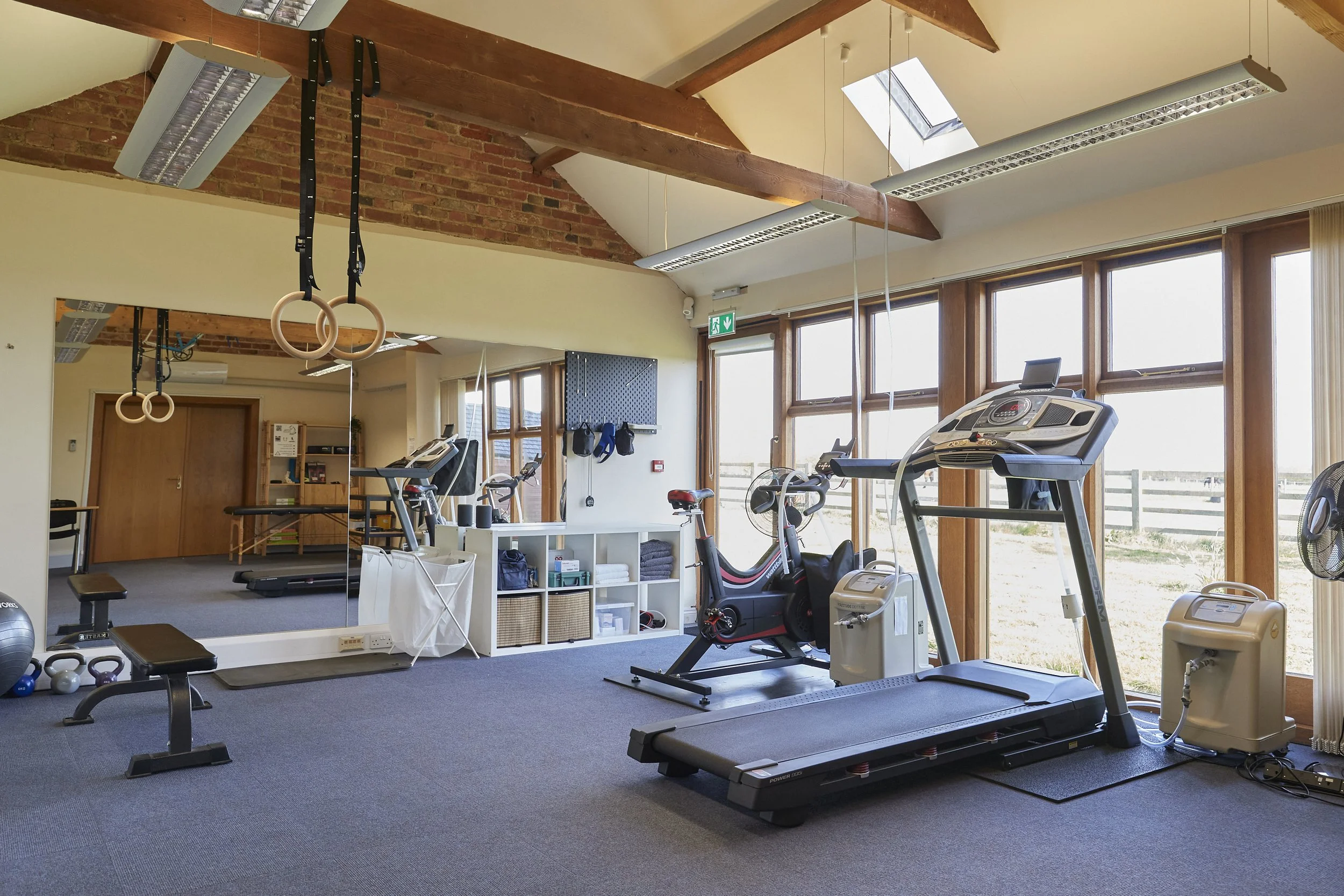 A brightly lit gym with large windows, exercise equipment, and gym rings hanging from the ceiling.