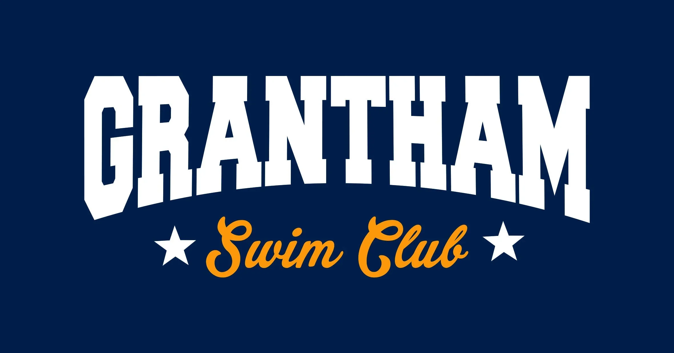 Logo for the Oceanfront Swim Club with bold white text, stars, and orange cursive text on a navy background.