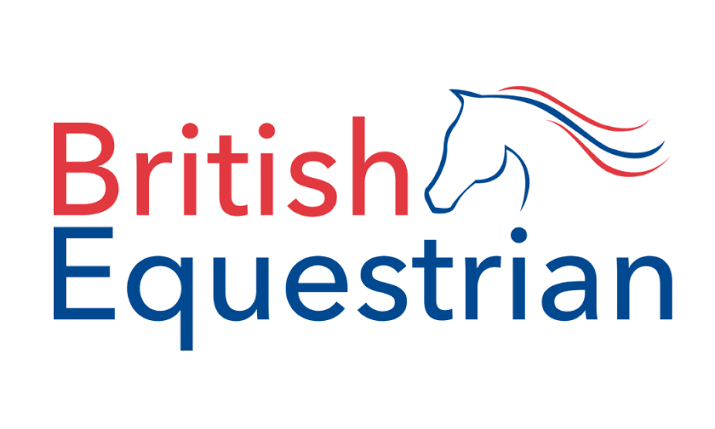 Logo of British Equestrian with a stylized horse head and flowing mane, in red and blue colors.