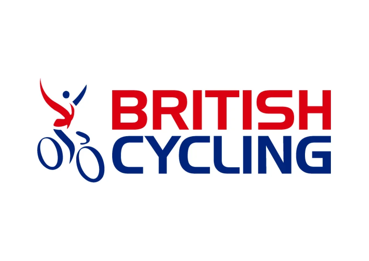 Logo of British Cycling featuring a stylized cyclist in red and blue with arms raised, next to the words "British Cycling" in red and blue text.