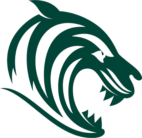 Stylized green lion's head with an open mouth and sharp teeth.