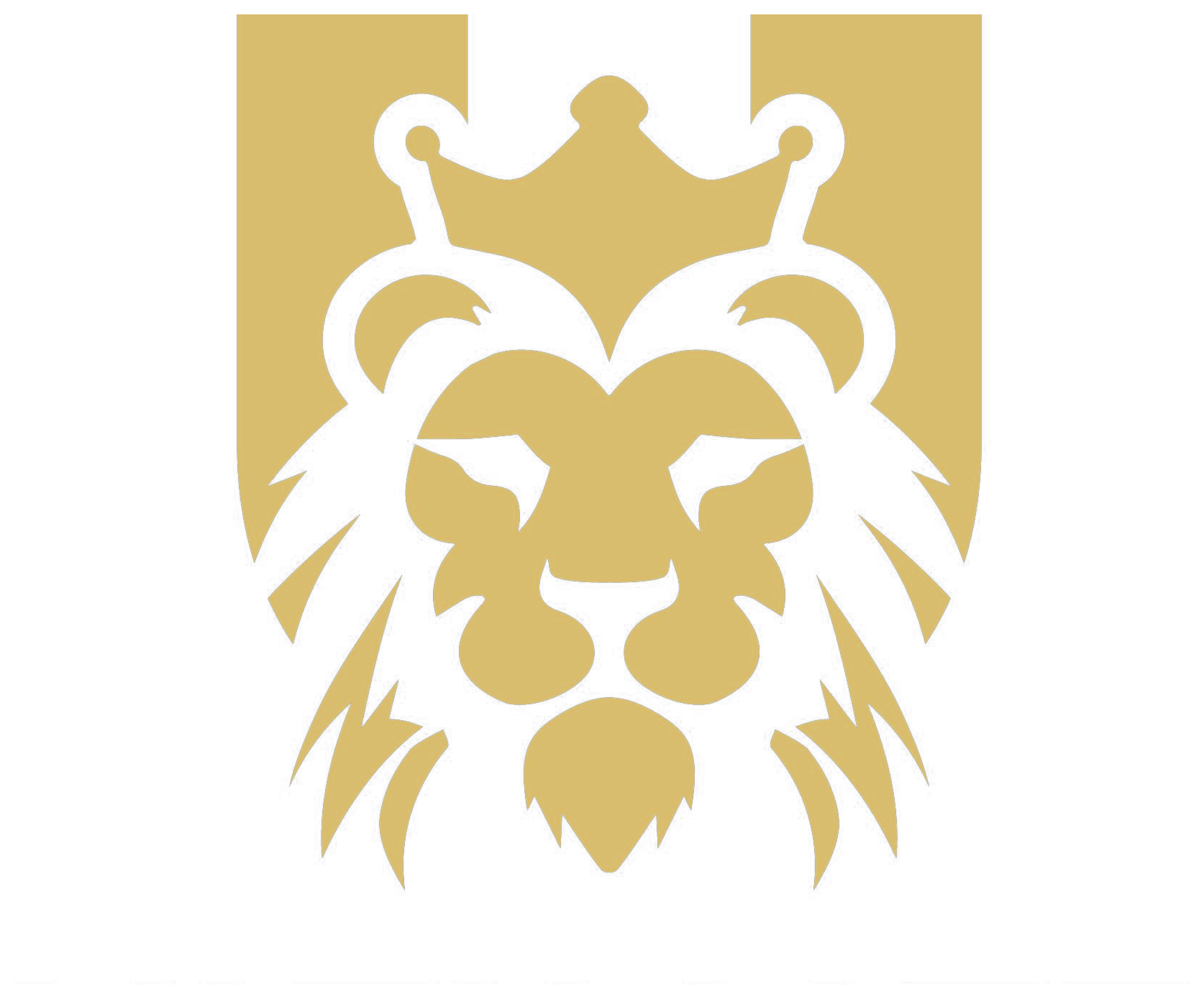 A stylized graphic of a lion's face with a crown on its head against a black background, using black and gold colors.