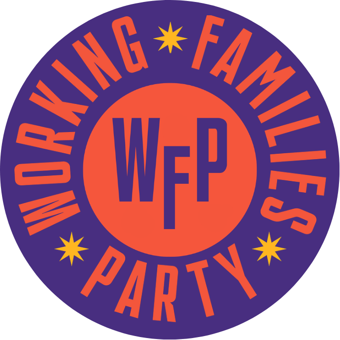 Circular logo with orange and purple colors featuring the text "Working Families Party" surrounding "WFP" in the center, and yellow stars on a purple background.
