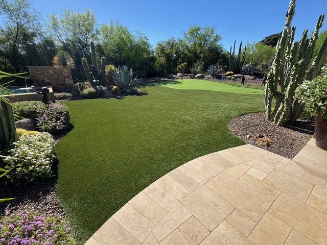A lush, detailed and quality designed Arizona backyard with a curved stone patio, desert plants, cacti, and trees to be maintained in the desert Arizona environment.