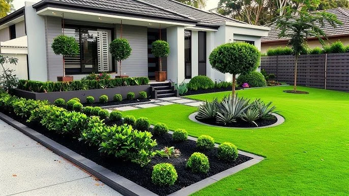 Modern house with well-maintained front yard featuring neatly trimmed bushes, small trees, green grass, and landscaping with gray borders.
