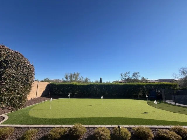 A backyard with a green mini-golf course, surrounded by shrubs and a tall hedge, under a clear blue sky.
