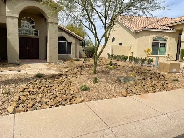 Front yard of a house with desert landscaping, including rocks, cacti, and a tree, with neighboring houses in the background.