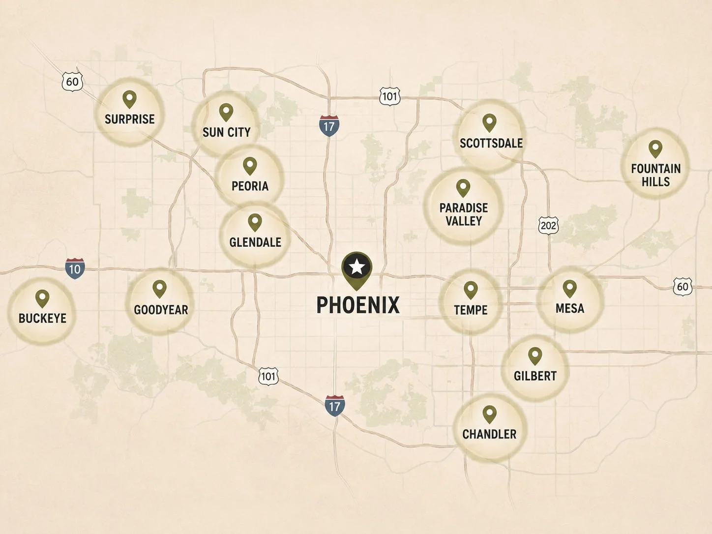 Map of Phoenix, Arizona area showing surrounding neighborhoods including Surprise, Sun City, Peoria, Glendale, Buckeye, Goodyear, Tempe, Mesa, Gilbert, Chandler, Paradise Valley, Scottsdale, Fountain Hills, and Surprise.