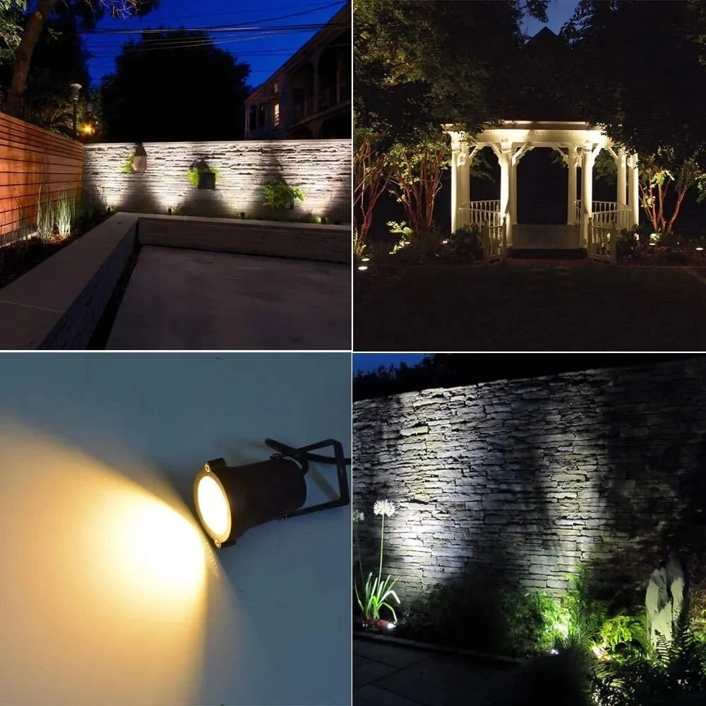 Four images showing outdoor lighting scenes at night, including a backyard with wall-mounted lights and plants, a lit-up pergola with trees, a wall-mounted spotlight illuminating a wall, and a lit brick wall with plants in front.