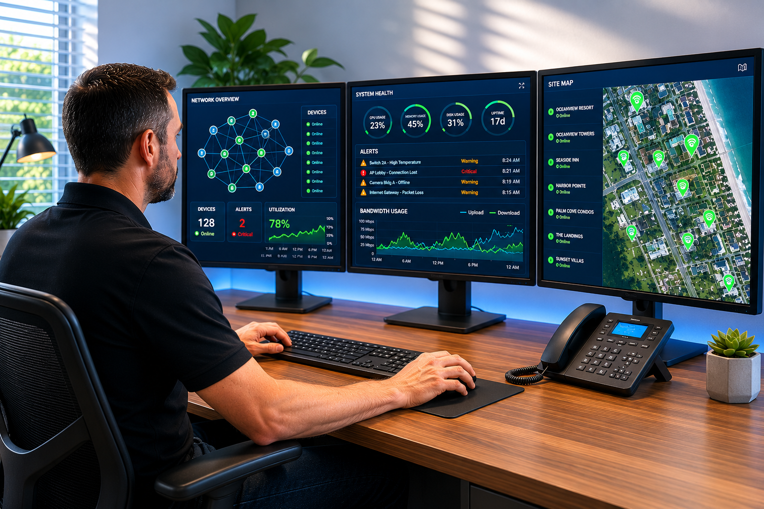 A man working at a desk with three monitors displaying network overview, system health, alerts, bandwidth usage, and a map of a coastal resort.