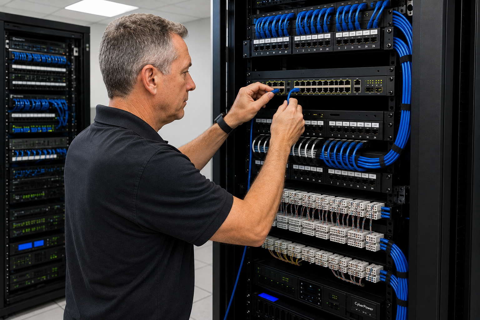 A technician working on a server rack, connecting blue Ethernet cables among network equipment in a data center.