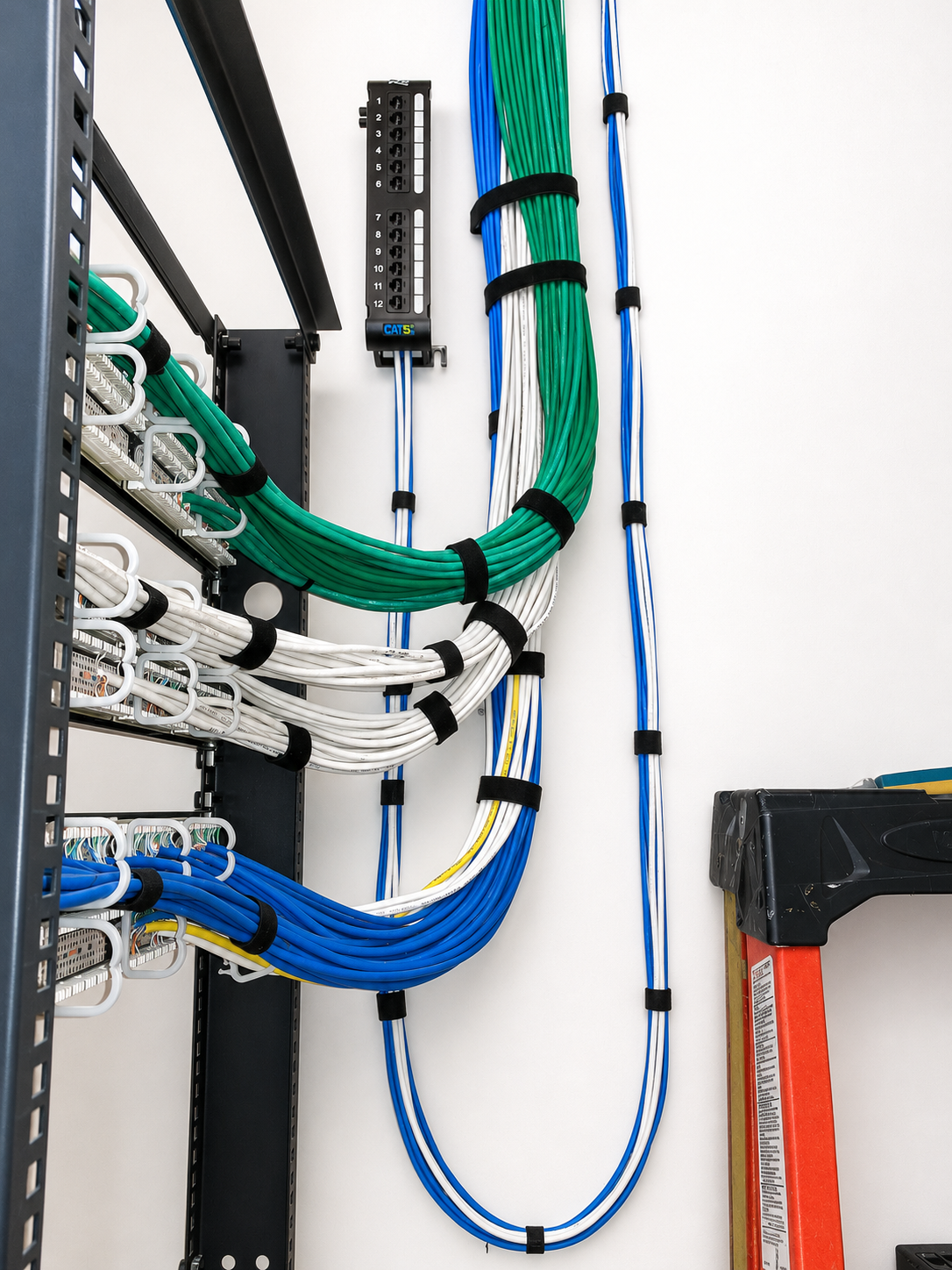 Networking cables organized on a server rack with a ladder nearby.