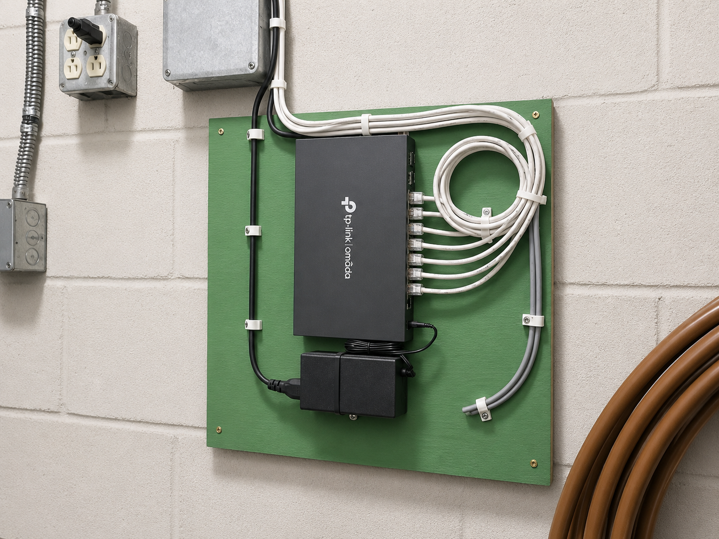 A green board mounted on a beige wall with an electronic device labeled 'hp ink/bluetooth' connected to several white cables. Electrical outlets and conduits are visible on the wall.