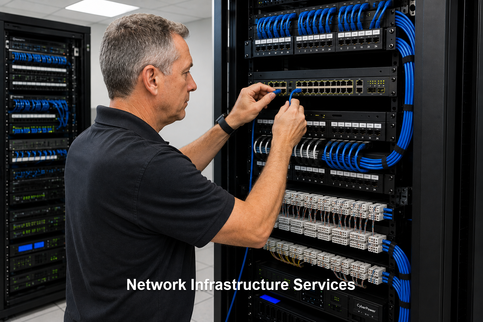 A technician working on network racks with blue Ethernet cables in a data center.