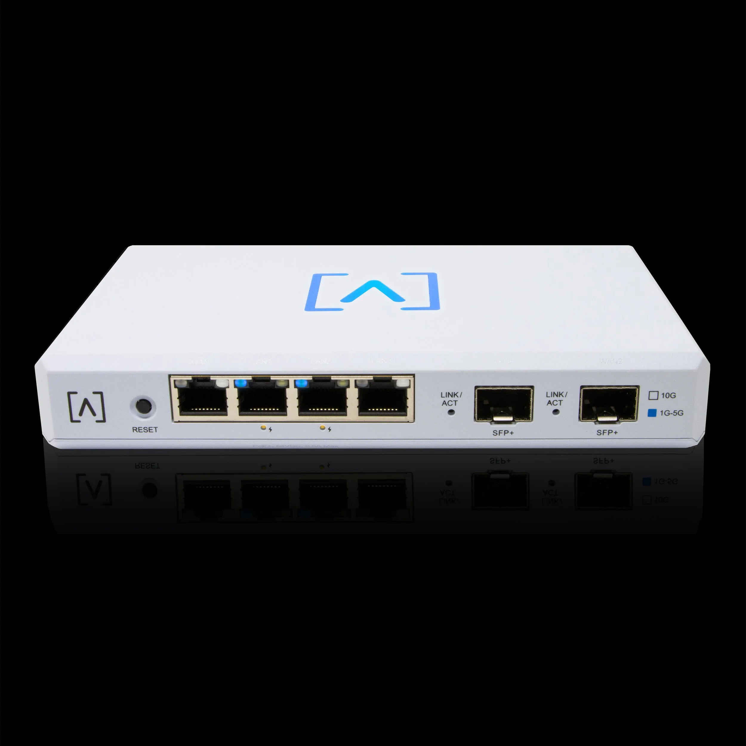 A network switch with multiple Ethernet ports, with two ports illuminated with blue lights, and a white rectangular device with a blue symbol on top.