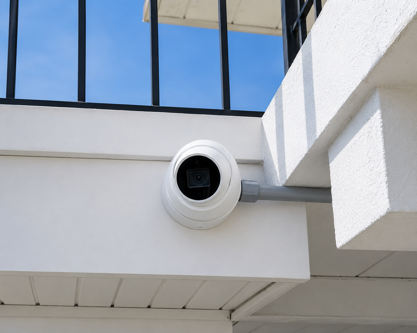 Exterior security camera mounted on a white wall of a building, with a balcony and blue sky in the background.