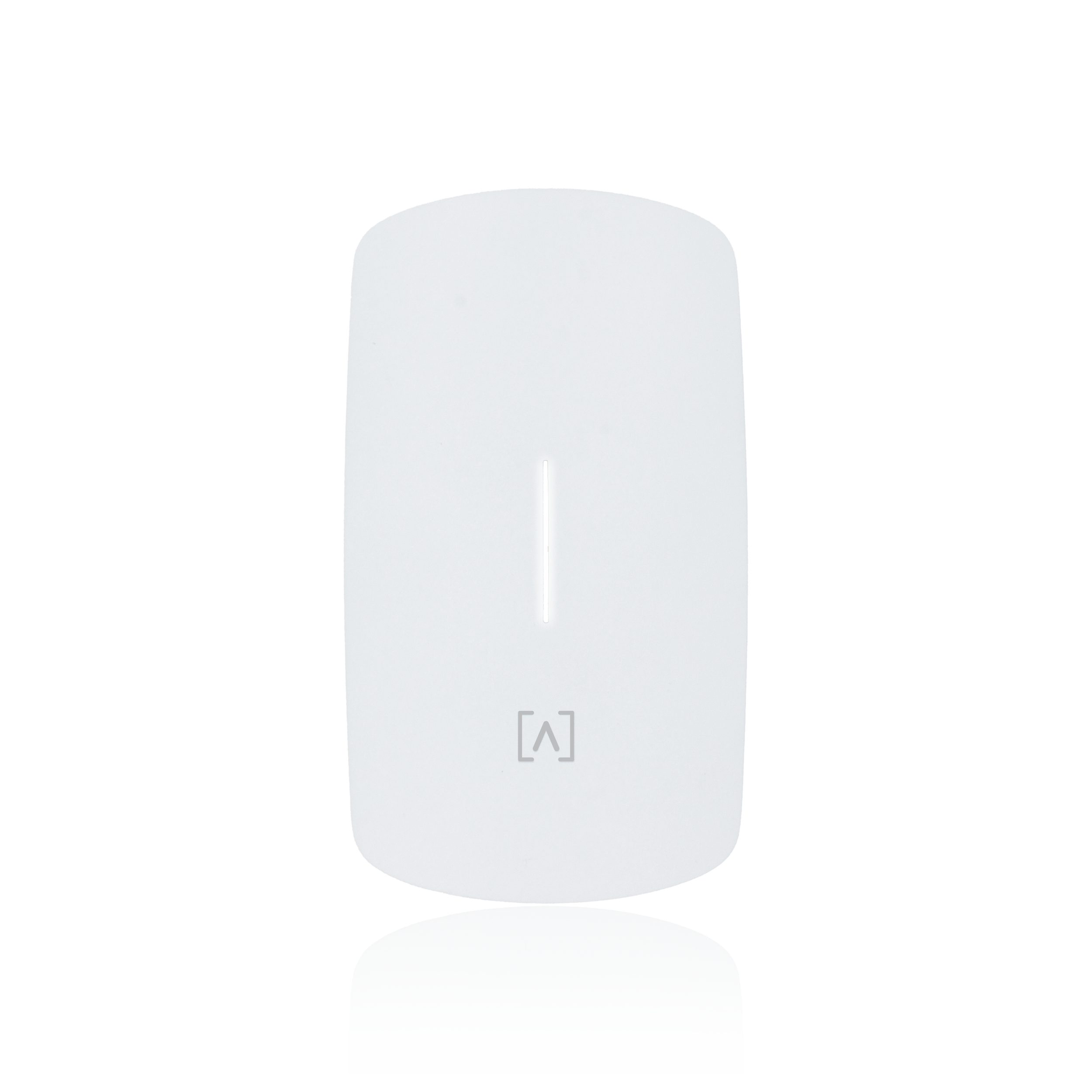 A white, oval-shaped electronic device with a vertical slit and a small, light blue indicator at the bottom.