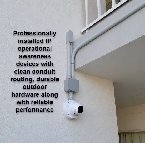 Outdoor security camera mounted on the exterior wall of a building, with black text describing IP operational awareness devices and conduit routing.