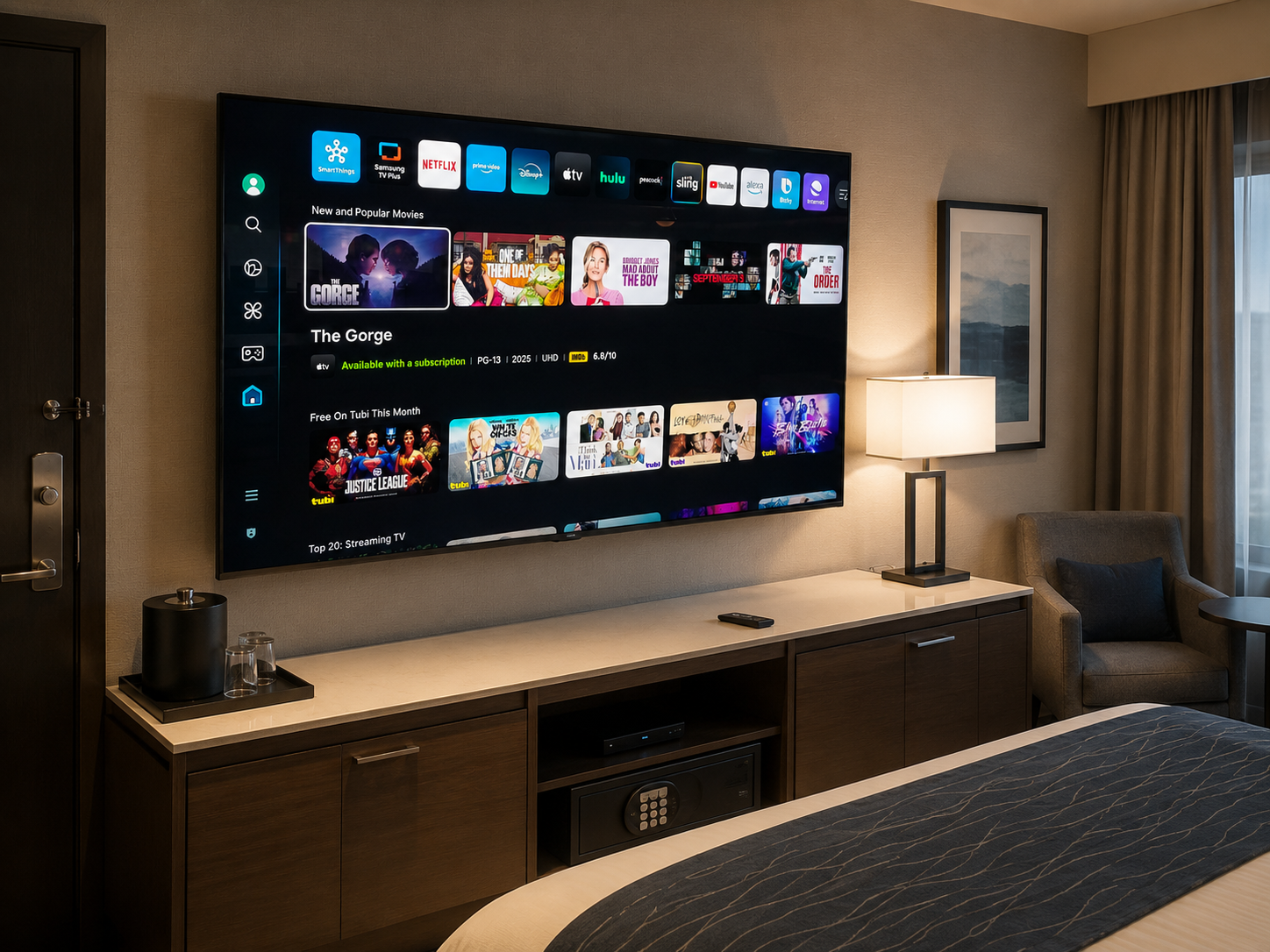 Hotel room with a wall-mounted TV displaying a streaming service menu, a bedside lamp, a gray armchair, and framed artwork on the wall.