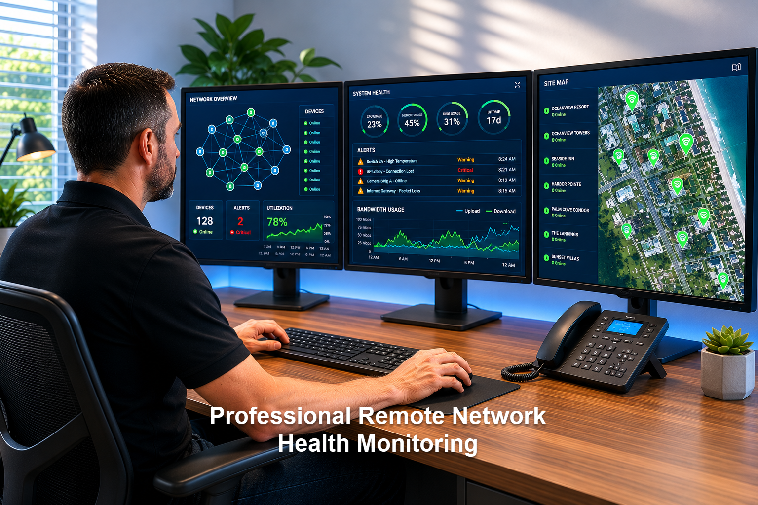 A man working at a desk with three computer monitors displaying network, system health, alerts, bandwidth usage, and a site map of a coastal area with Wi-Fi hotspots.