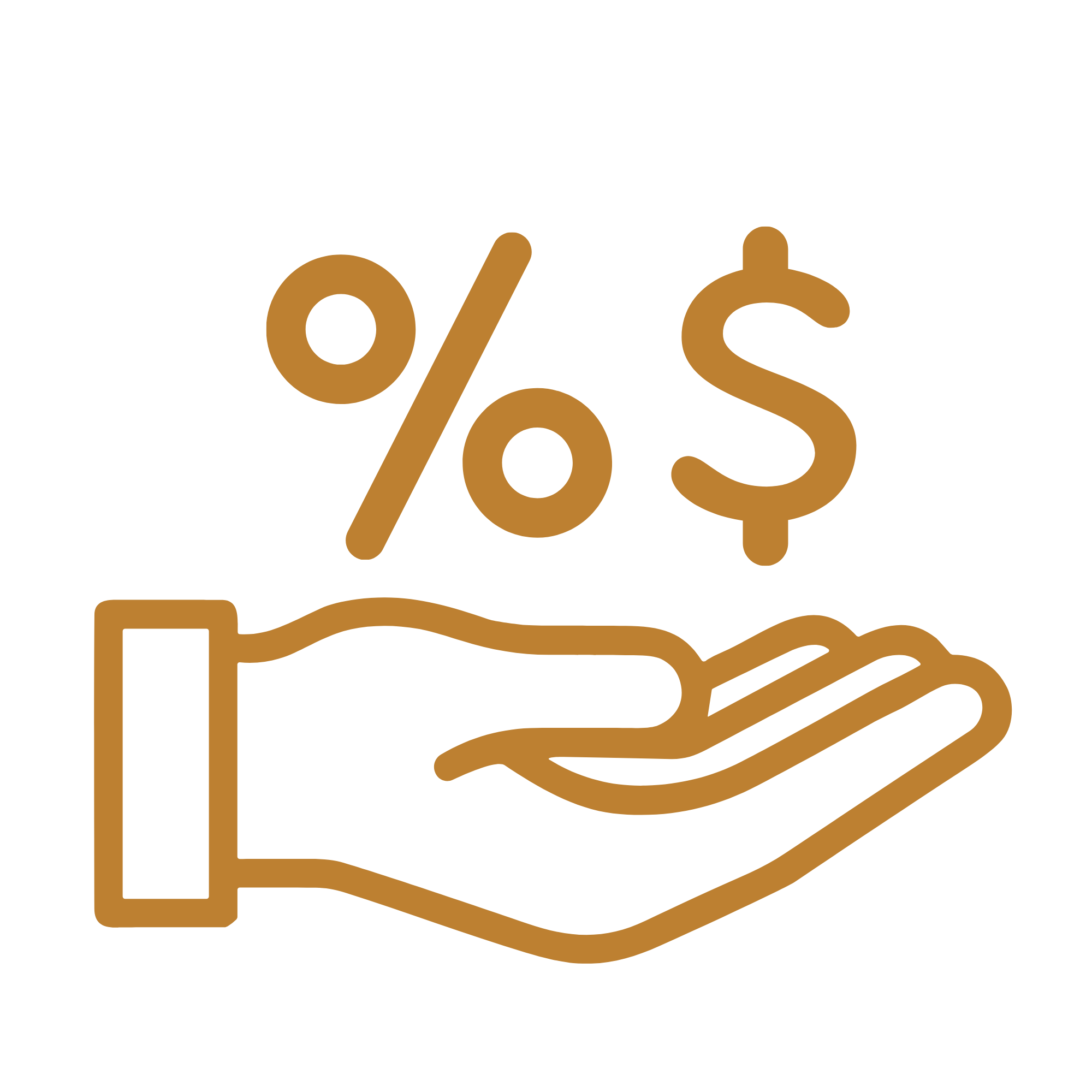 Gold percentage discount symbol with a hand icon and a percent and dollar sign above it drawn in gold lines.