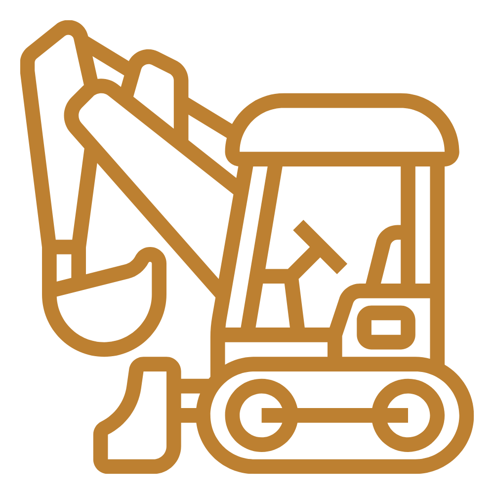 Outline of a mini excavator with a bucket, drawn in gold lines.
