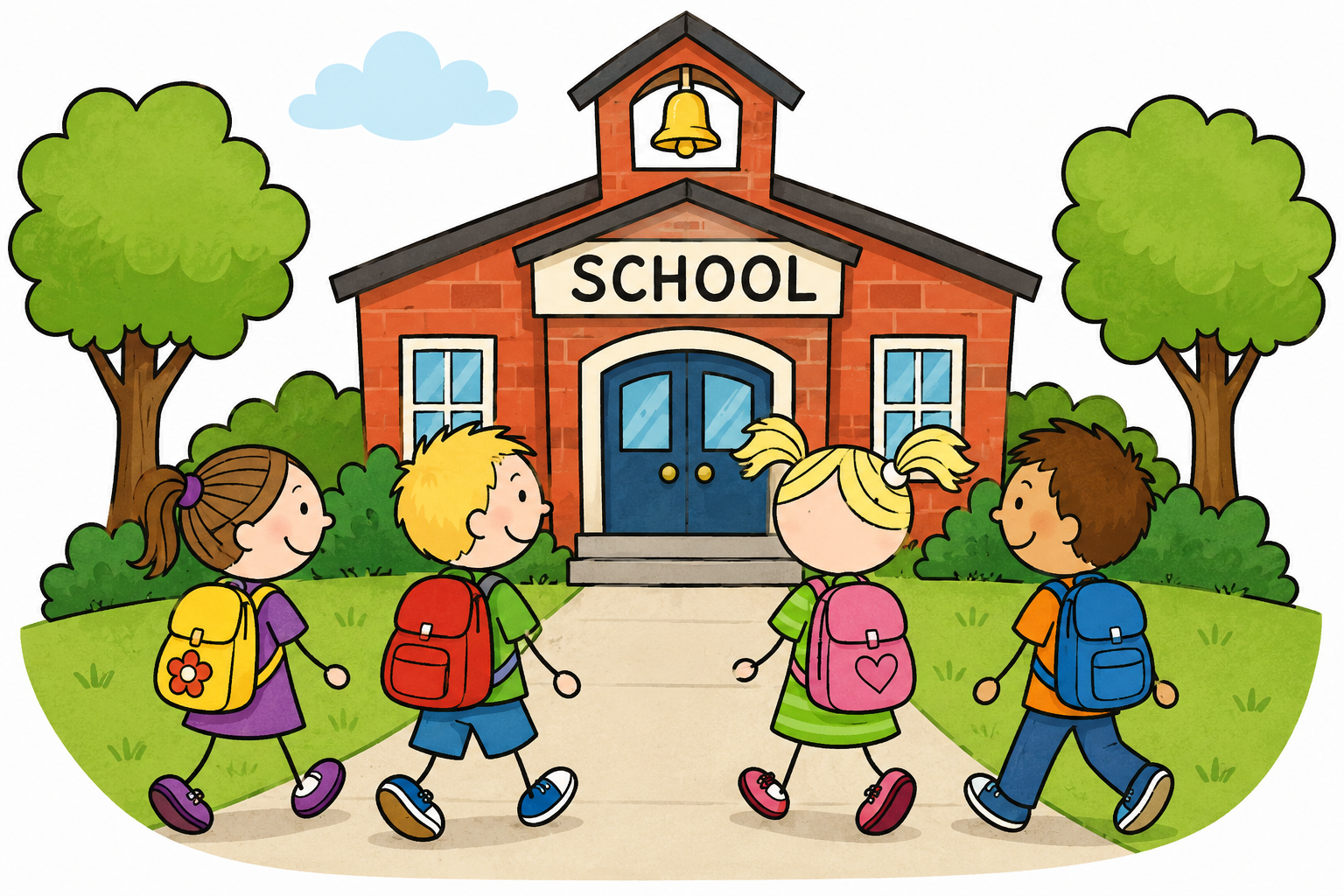Children approaching school with smiles