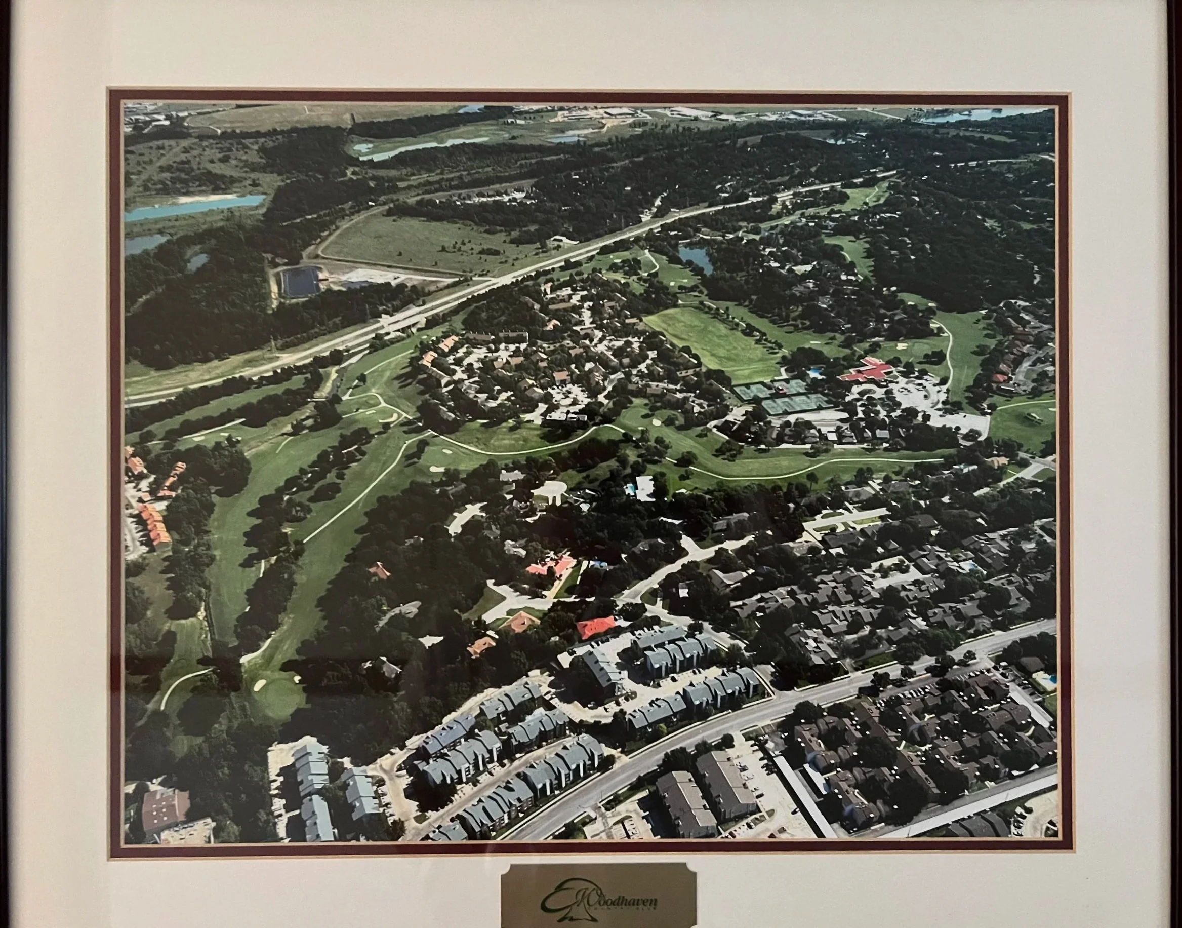 Collage comparing historic photos of the original Woodhaven Country Club golf course with a modern rendering of a bustling outdoor patio, park, and flower garden at sunset.