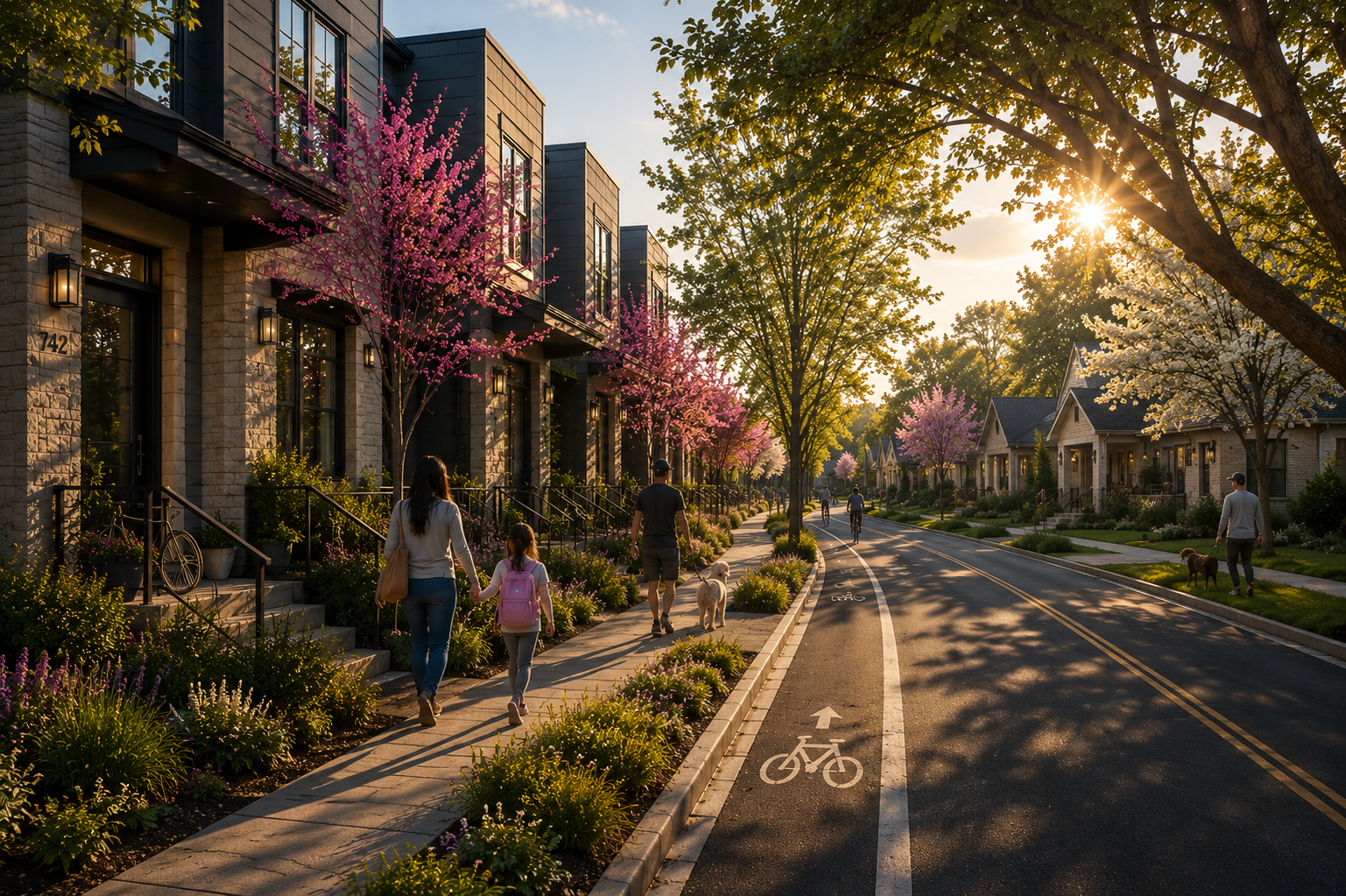 Graphic titled "Places to Call Home - Townhomes + Live-Work Units," describing neighborhood townhomes that blend living spaces with local small businesses like coffee shops.