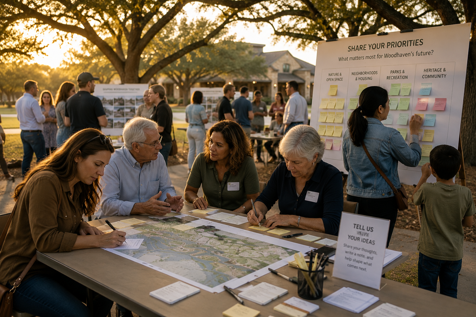 Photograph of residents attending an outdoor community workshop, writing feedback on sticky notes and sticking them to a "Share Your Priorities" board.