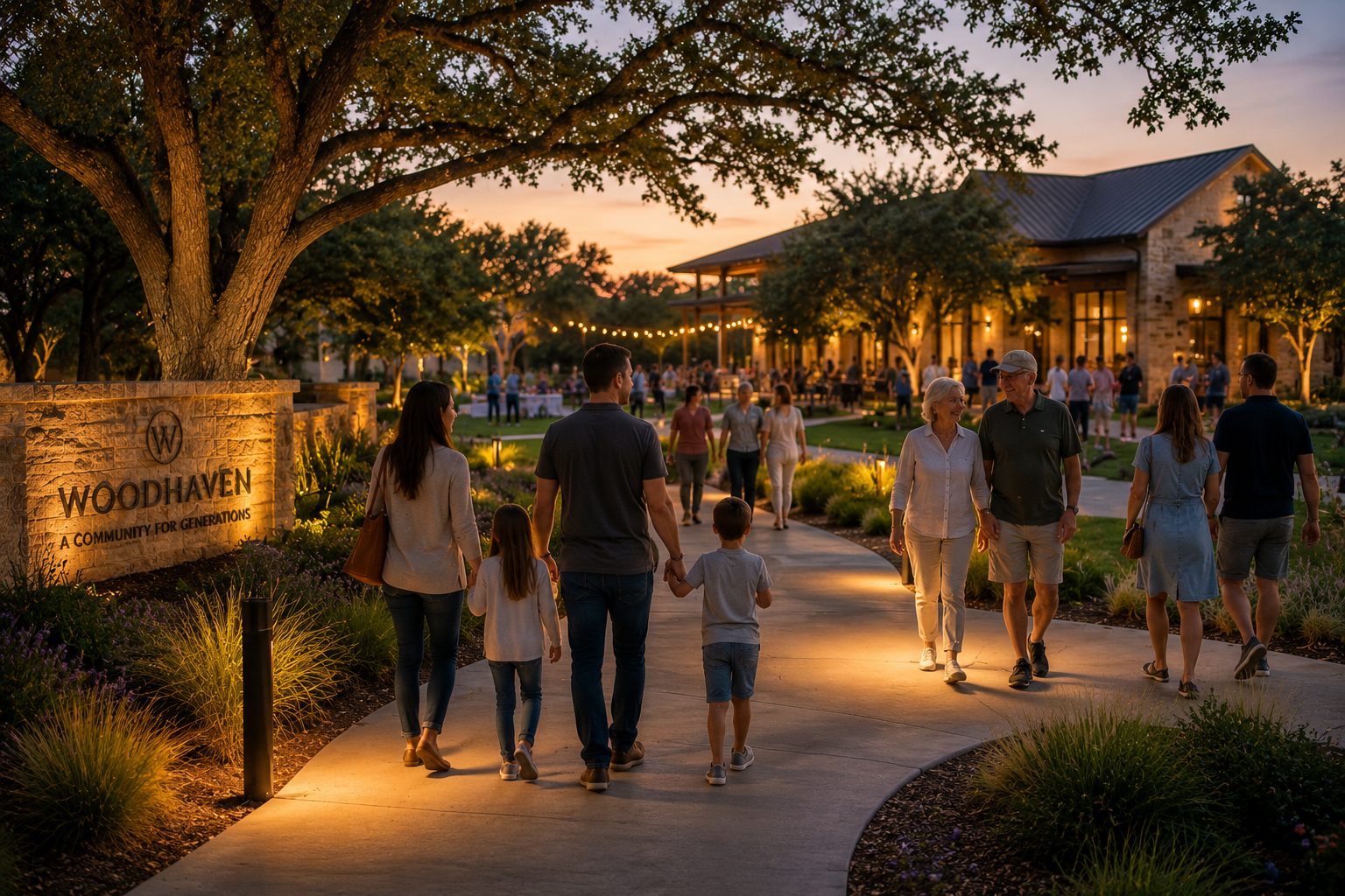 Conceptual rendering showing families and couples walking along a lighted sidewalk past a stone entrance sign reading "Woodhaven: A Community For Generations."