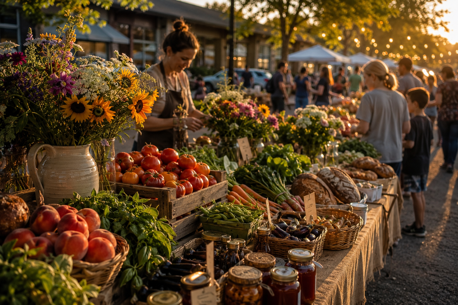 Graphic card titled "Gather Well - Spaces designed for connection" featuring a conceptual rendering of an outdoor farmers market table overflowing with fresh flowers, produce, and baked goods.