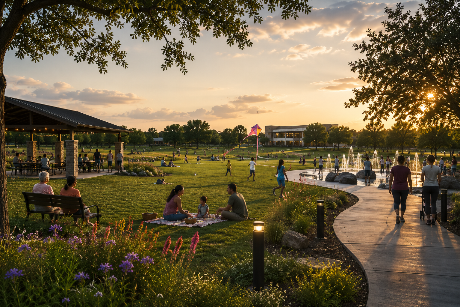 Graphic titled "Connection to Nature - Open Space, Parks + Recreation," highlighting walking trails, tree-lined streets, and outdoor play areas for all ages.