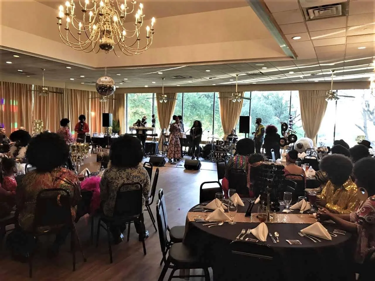 Collage comparing historic photos of the original Woodhaven Country Club golf course with a modern rendering of a bustling outdoor patio, park, and flower garden at sunset.