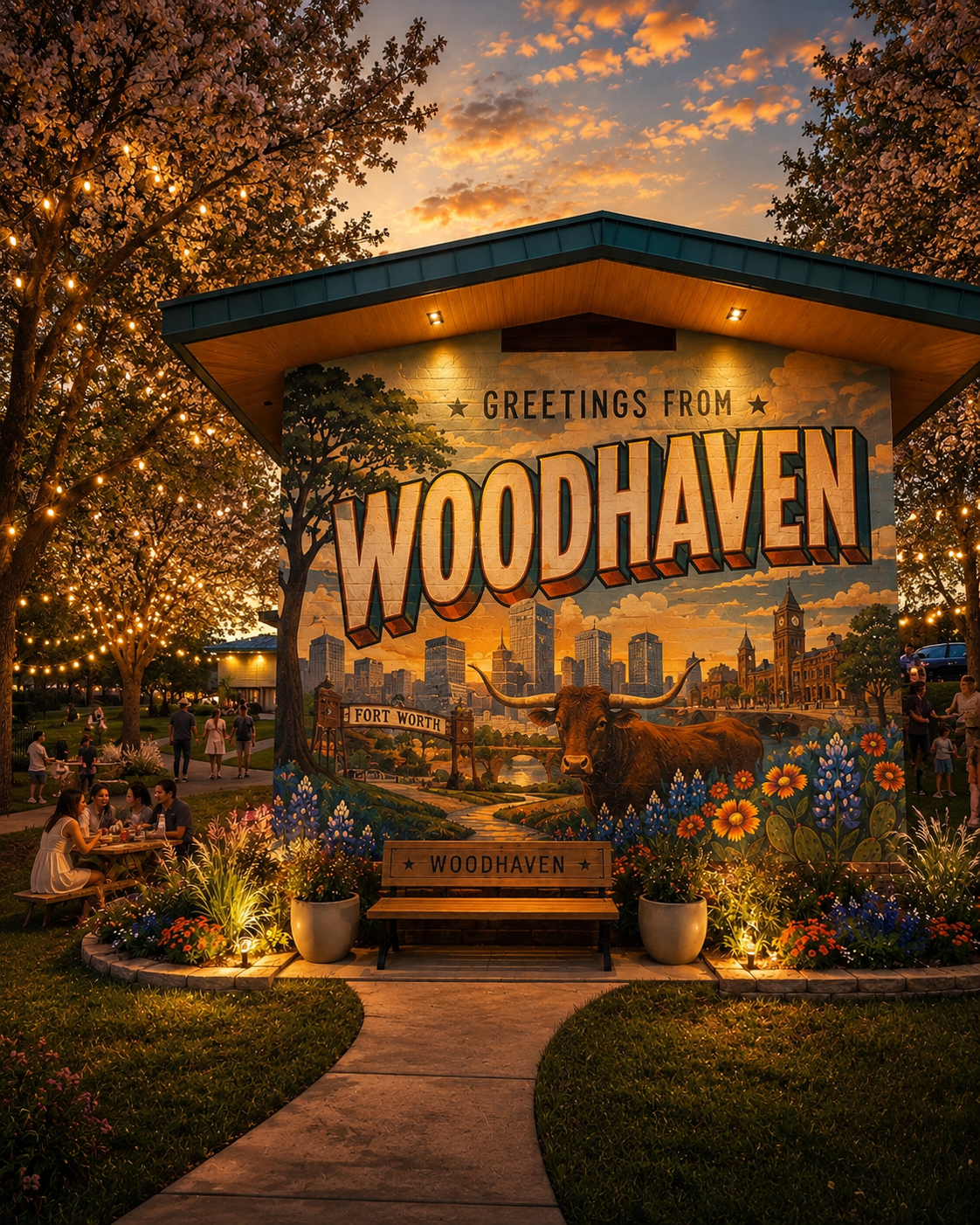 Graphic titled "Unmistakably Woodhaven - Public Art & Signature Amenities," highlighting community-selected murals, landscaping, and public art projects.