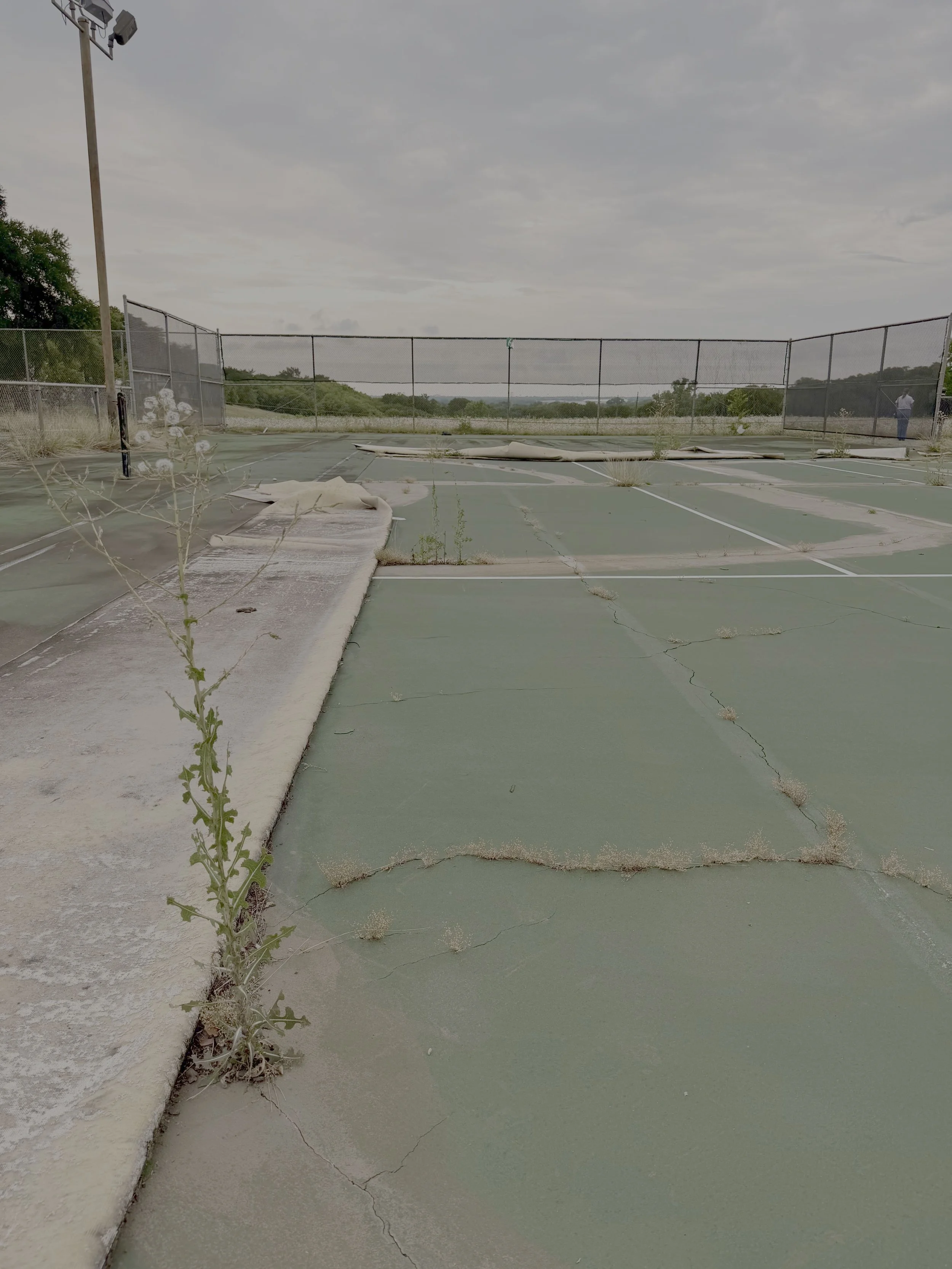 Photo labeled "Today" showing overgrown, cracked outdoor tennis courts with weeds breaking through the asphalt.