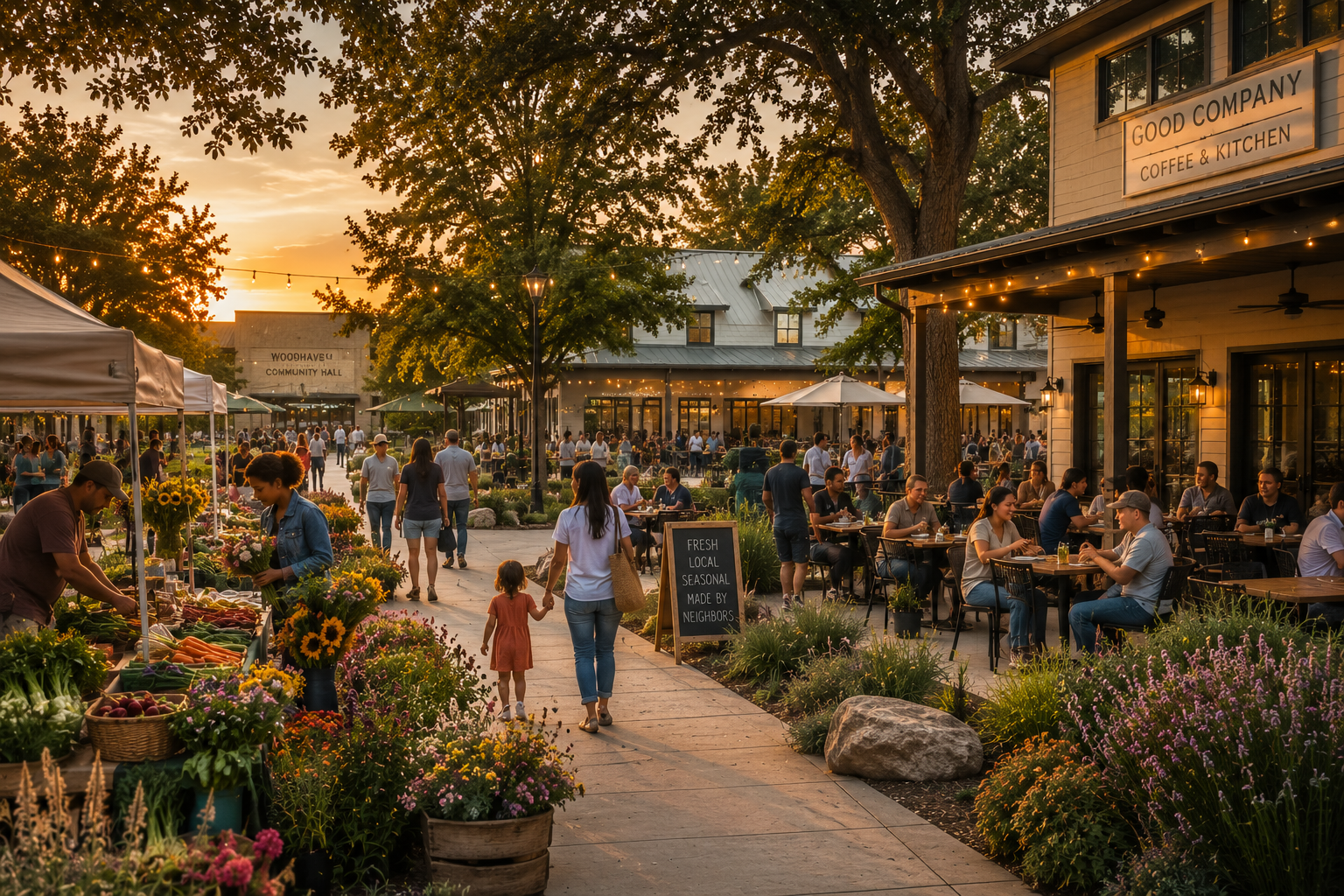 Graphic titled "Local Food & Gathering - Local Food + Community Spaces," describing farm-to-table dining, farmers markets, and shared culinary spaces.