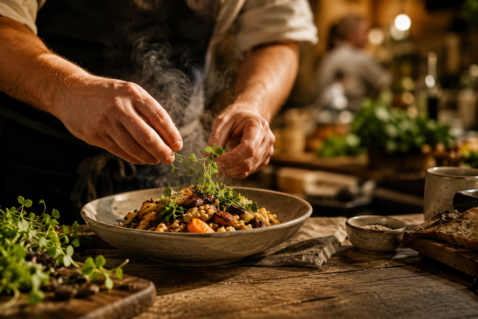 Graphic card titled "Eat Well - Chef-Driven. Local. Intentional." featuring a photo of a chef garnishing a roasted vegetable dish.