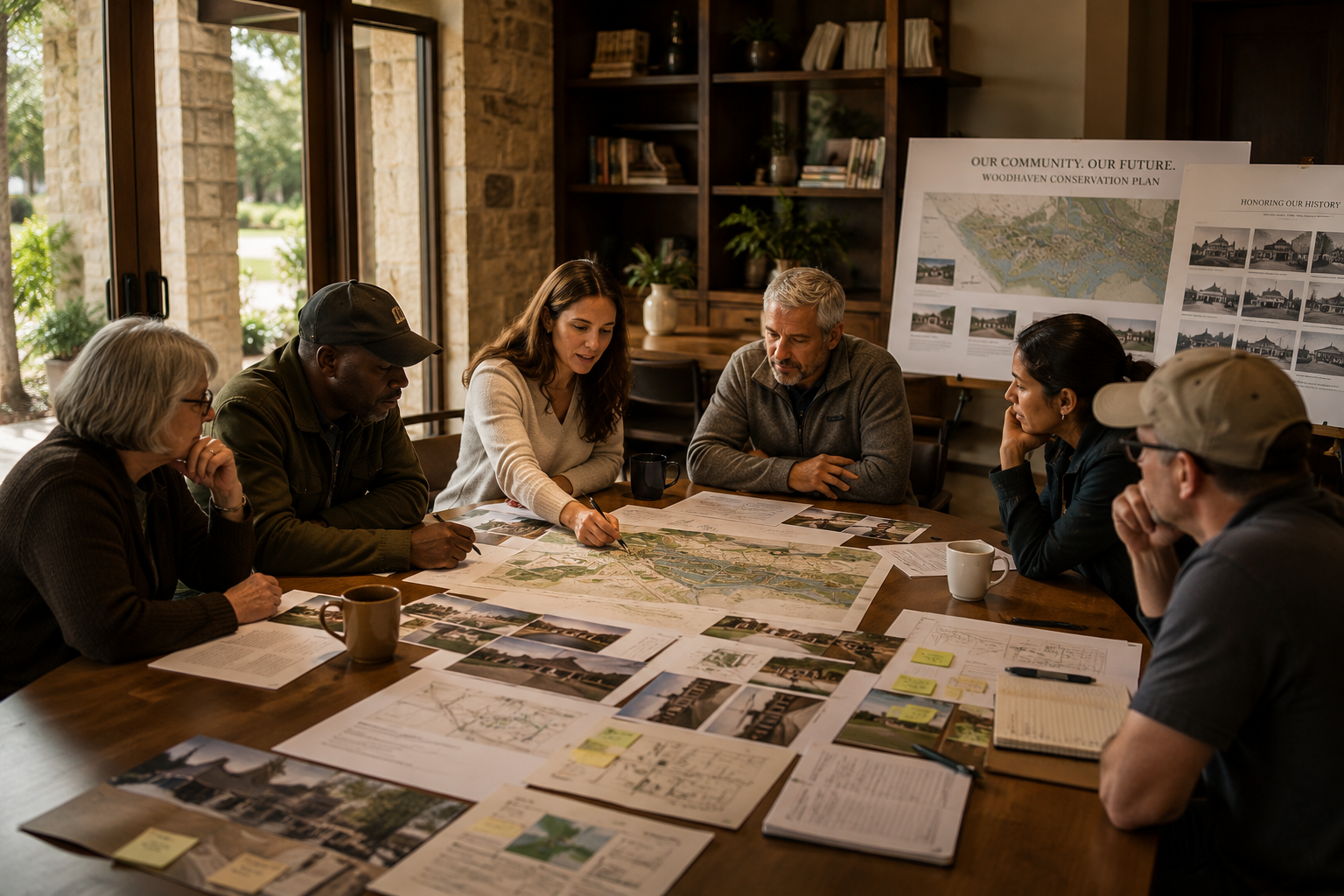 Photograph of community members gathered around a large table examining site maps and urban planning documents during a workshop.