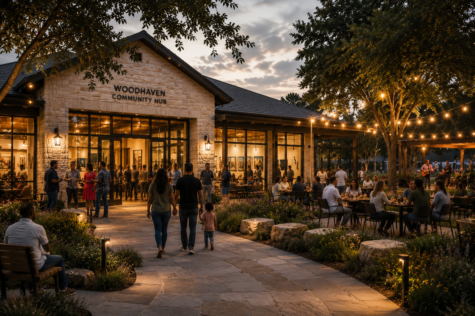 Graphic titled "Community Hub - Former Clubhouse Reimagined," highlighting plans for a vibrant community center, learning space, and gathering place.