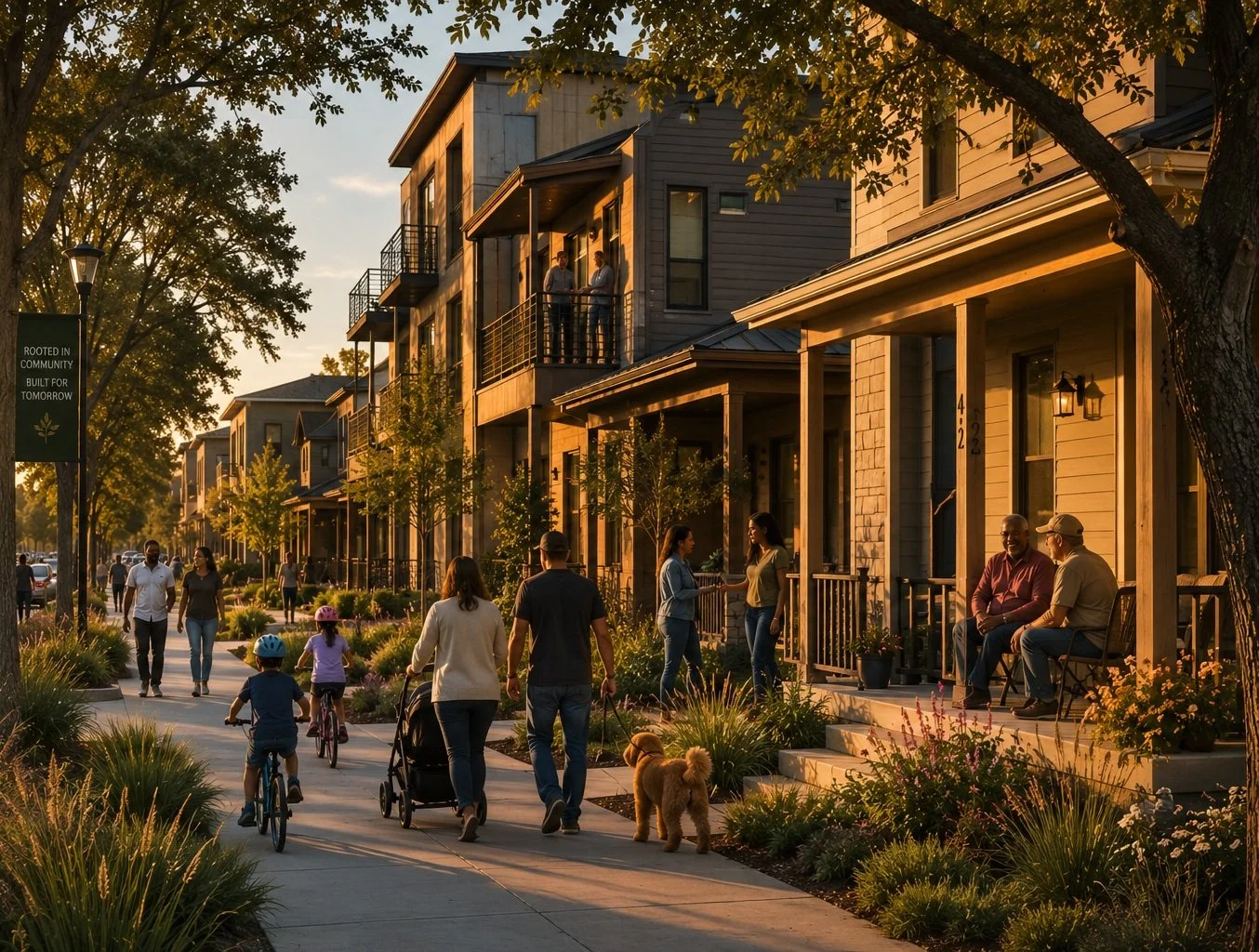 Graphic titled "Neighborhood Living - Attainable Housing Options," describing high-quality, attainable homes designed for working families, seniors, and long-term residents.