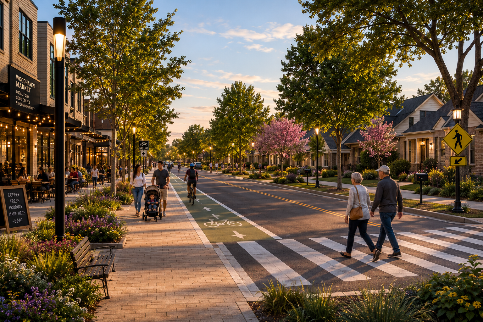 Graphic titled "Safer Streets & Thoughtful Connections - Public Infrastructure + Safety," outlining sidewalk, lighting, trail, landscaping, and traffic improvements.