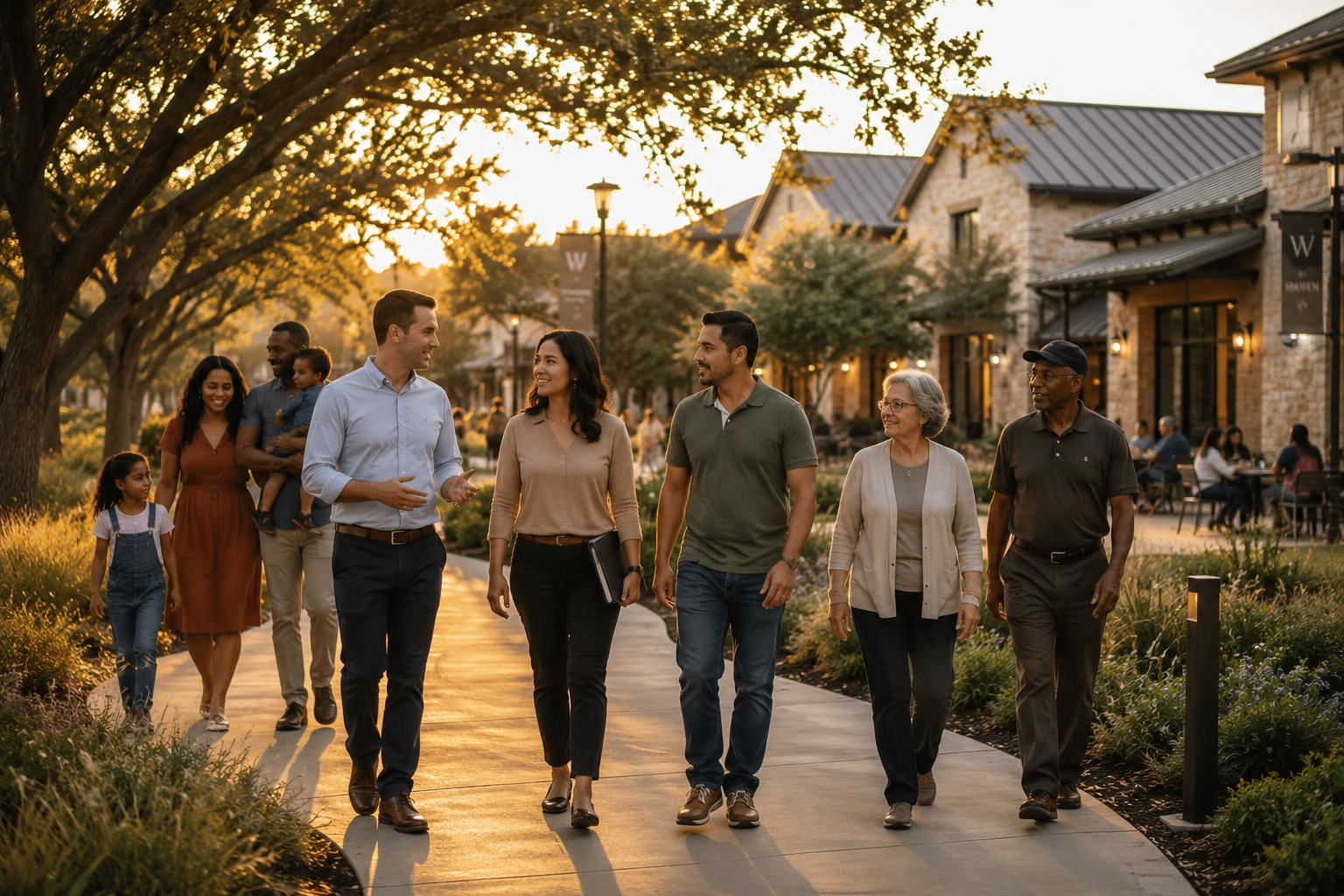 Photograph of a diverse group of residents walking and talking together along a paved walkway in a vibrant, tree-lined residential neighborhood at sunset.