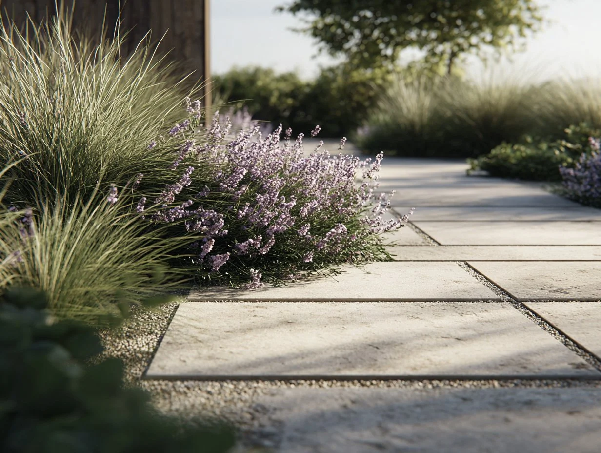 A stone pathway with rectangular pavers bordered by small gravel, surrounded by ornamental grasses and purple flowering plants, with a tree in the background.