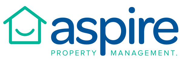 Aspire Property Management logo with a house outline and smiling face, text 'aspire PROPERTY MANAGEMENT'.