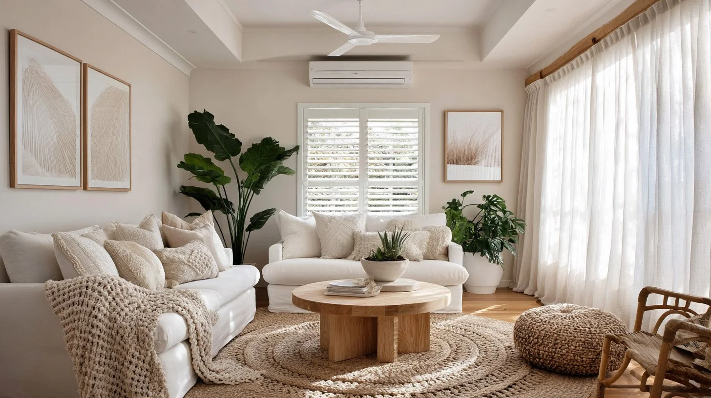Bright living room with white sofas, beige pillows, a round wooden coffee table with a potted plant, large green potted plants, artworks on the walls, sheer curtains, and natural light
