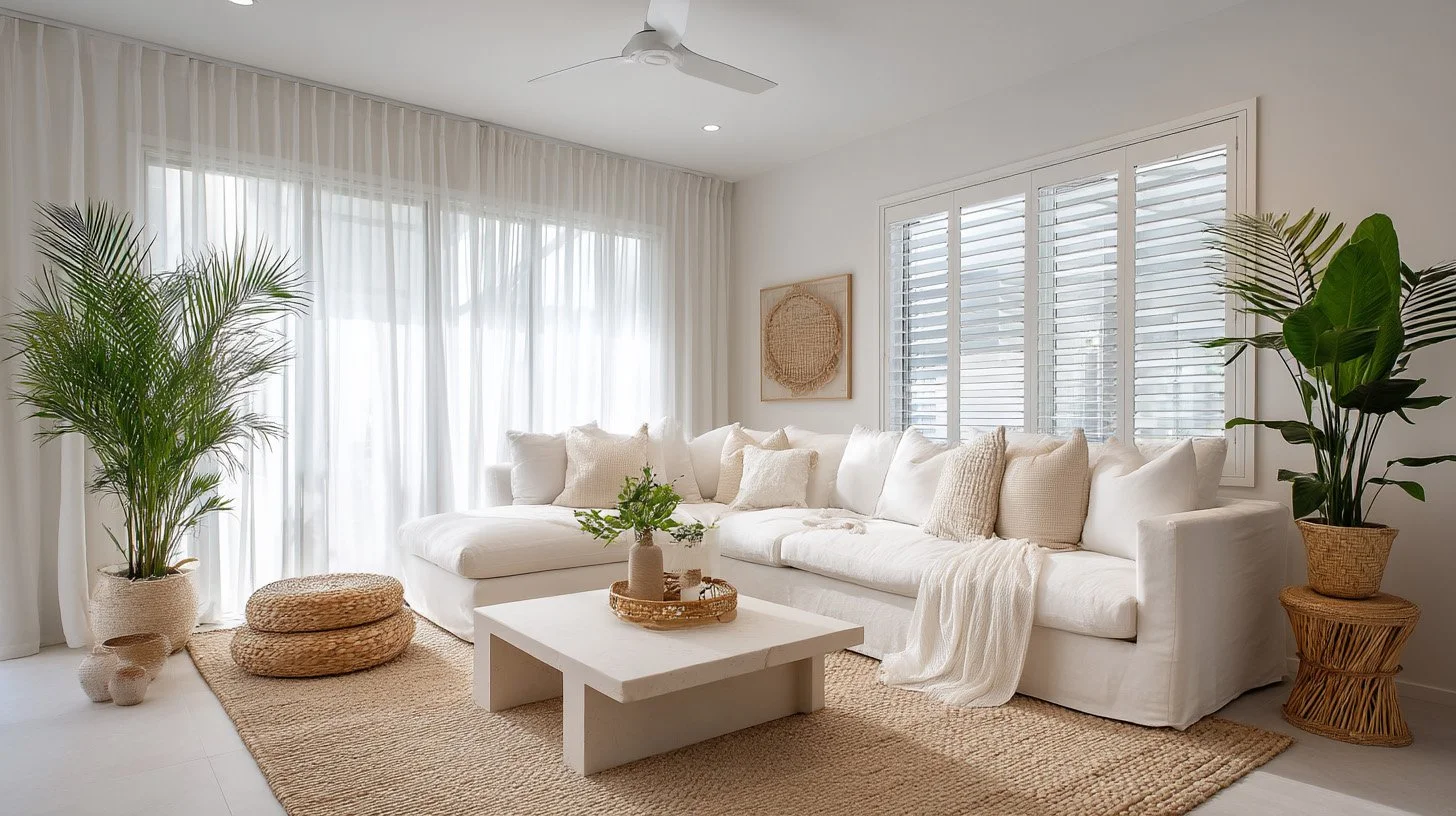 Bright living room with white sofa, beige pillows, large green plants, woven baskets, and natural-toned decor.