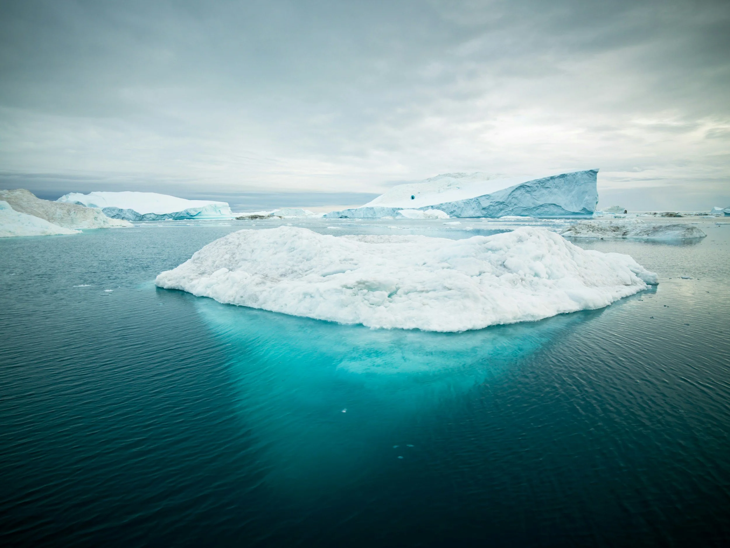 Iceberg floating in cold ocean water under an overcast sky.